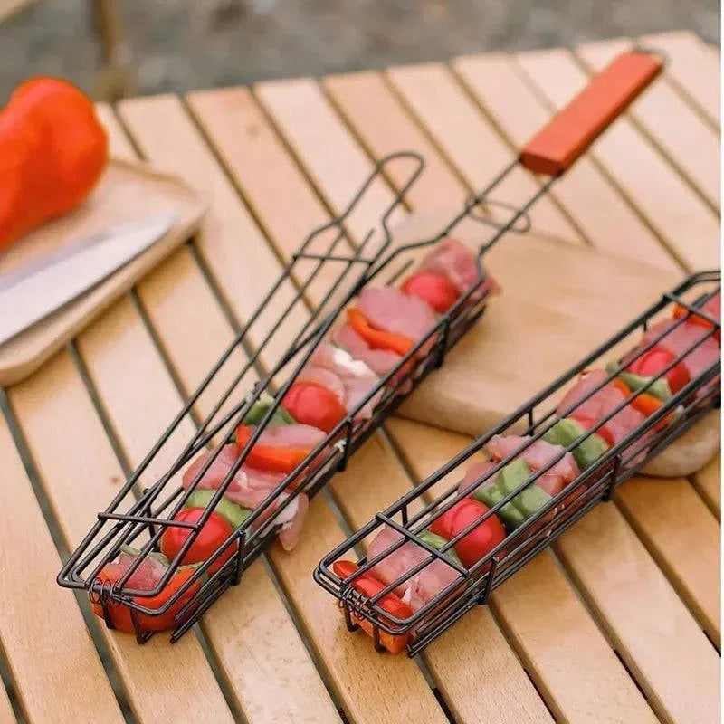 Bicycle arm sleeves with stretch back-Outdoor Wooden Handle Barbecue Cage Camping Meat and Vegetable Barbecue Net Rack Picnic Barbecue Tools