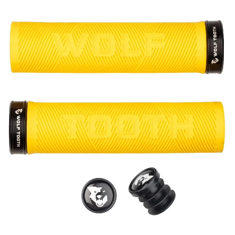 Bike helmet with stretch liner-Wolf Tooth Components Echo Lock-On Grip Set Yellow/Black