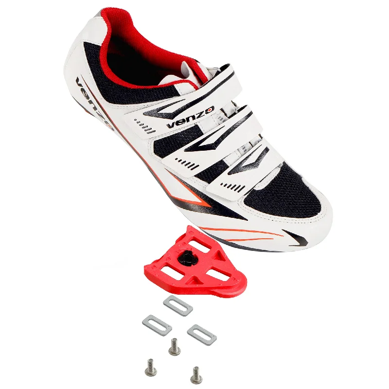 Bike shoes with durable design-Venzo Bicycle Men's Road Cycling Riding Shoes - 3 Straps - Compatible with Look Delta & for Shimano SPD-SL - Perfect for Road Racing Bikes - White - 10 US Men